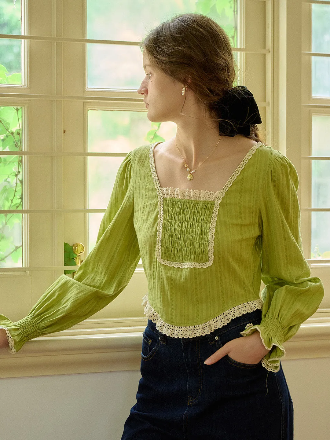 【Final Sale】August Square Collar Trimmed Pleated Cotton Blouse sold by Simple Retro product image thumbnail 3