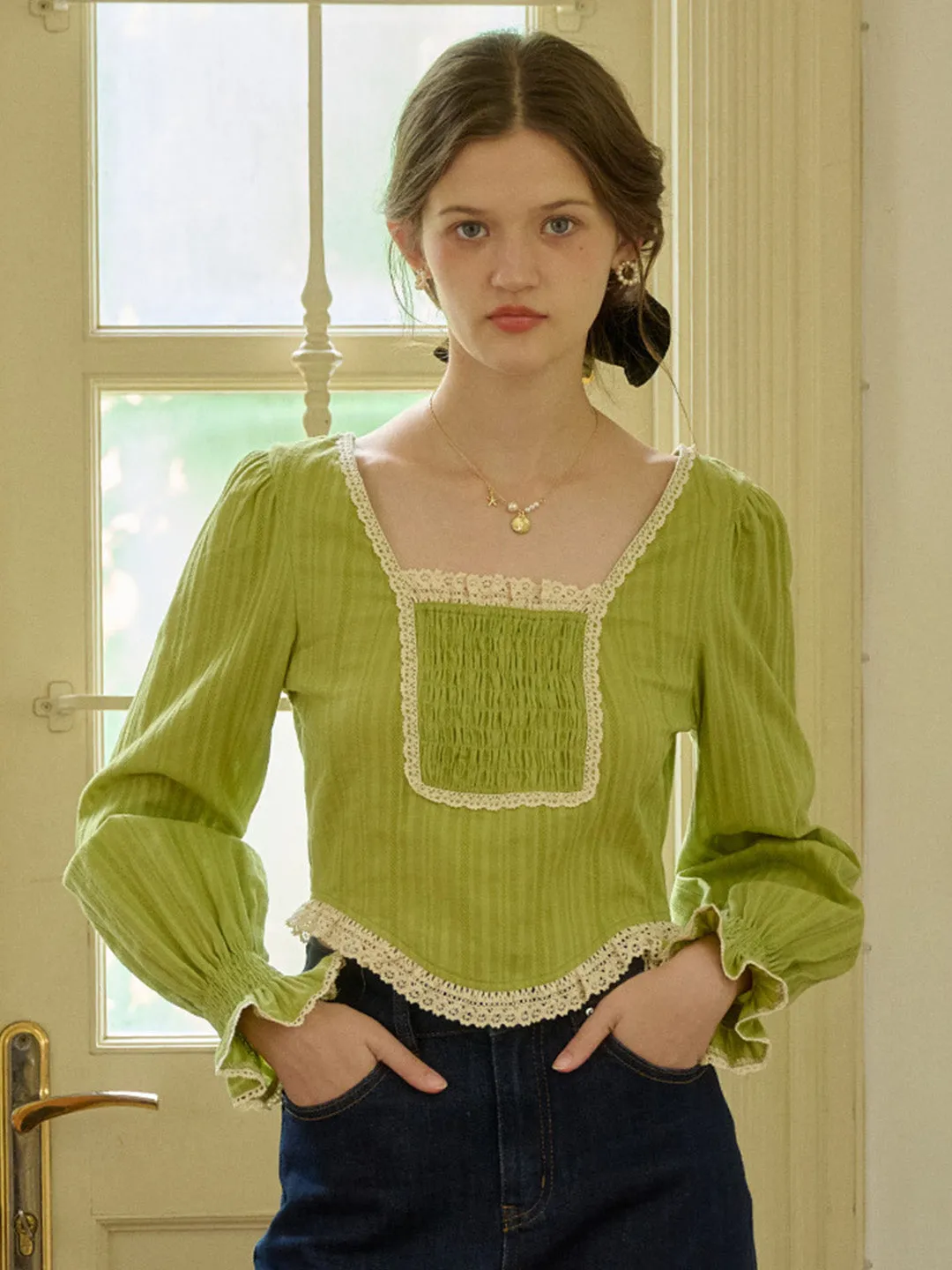 【Final Sale】August Square Collar Trimmed Pleated Cotton Blouse sold by Simple Retro product image thumbnail 2