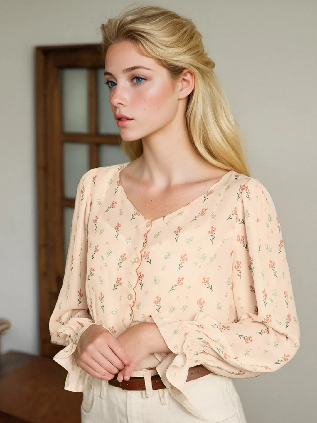 【Final Sale】Harlee Retro Wave V-Neck Floral Blouse sold by Simple Retro