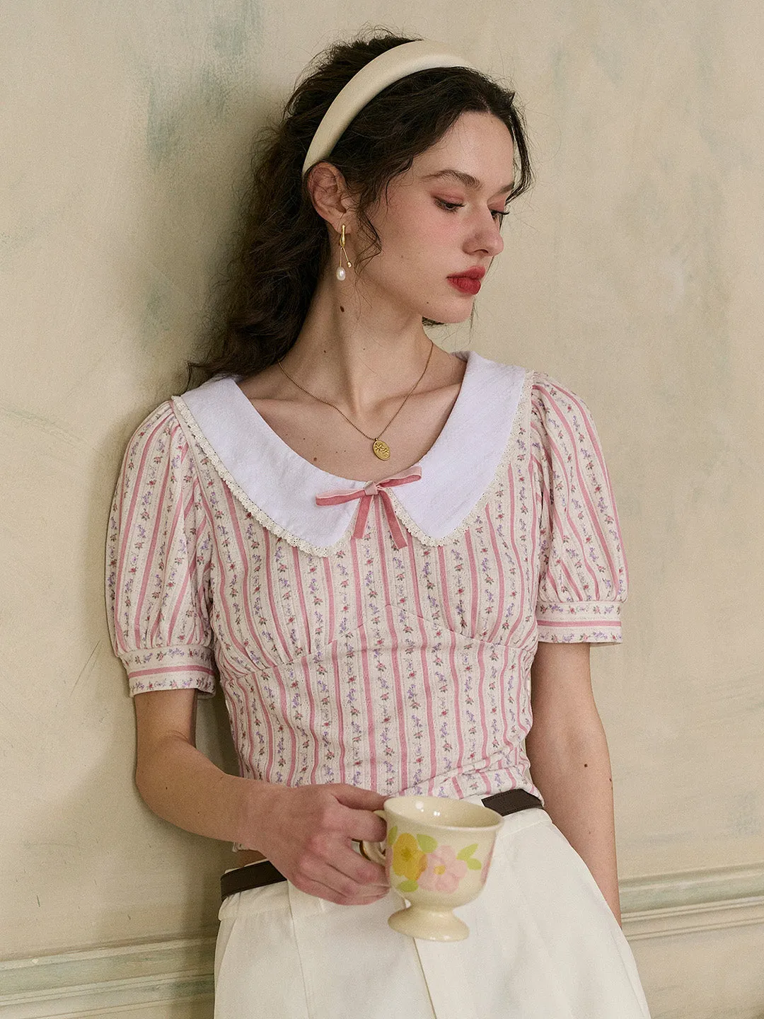 【Final Sale】Madalyn Doll Collar Floral Bow Stripe Puff Sleeves Fit Top sold by Simple Retro