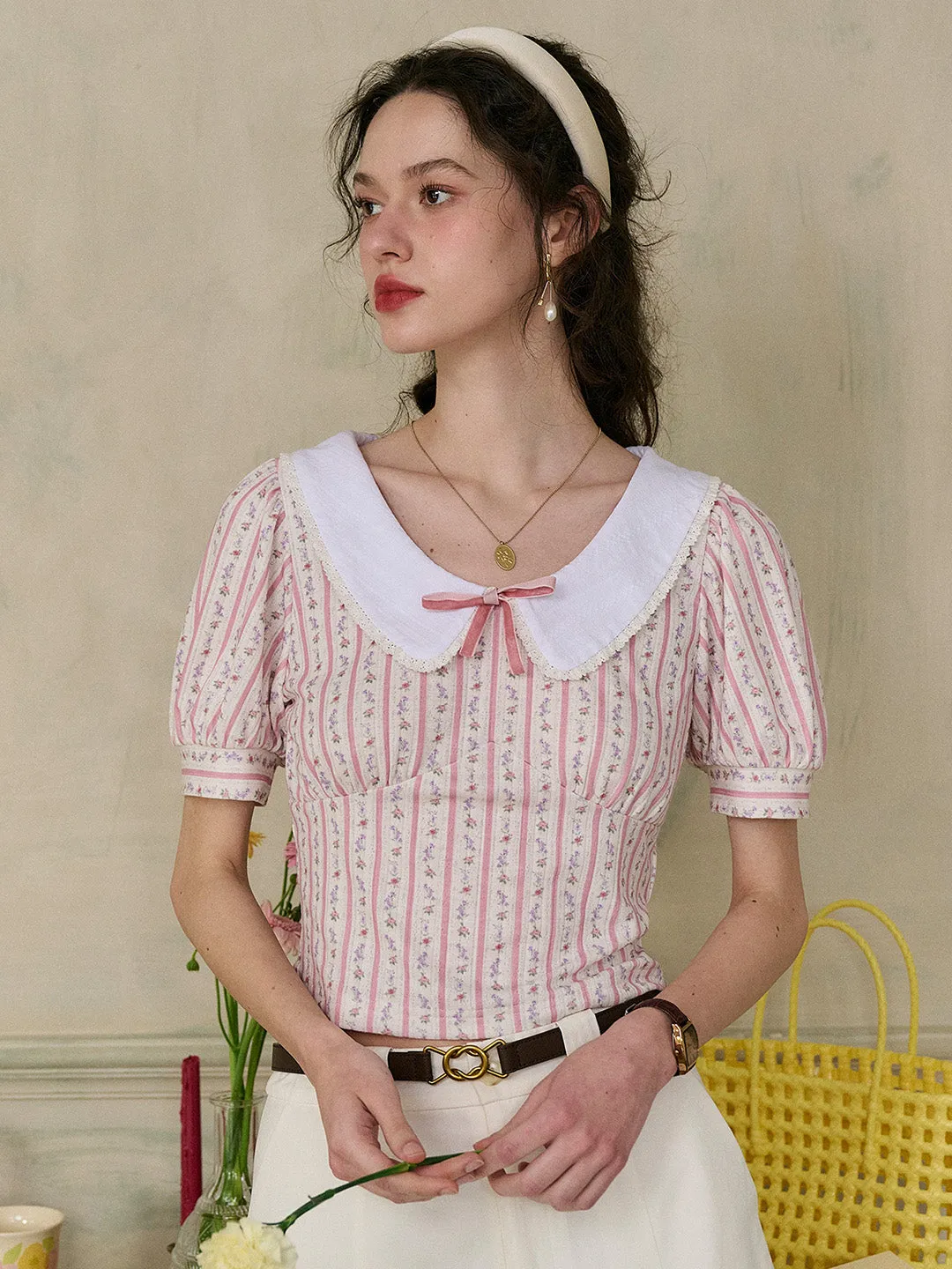 【Final Sale】Madalyn Doll Collar Floral Bow Stripe Puff Sleeves Fit Top sold by Simple Retro product image thumbnail 4