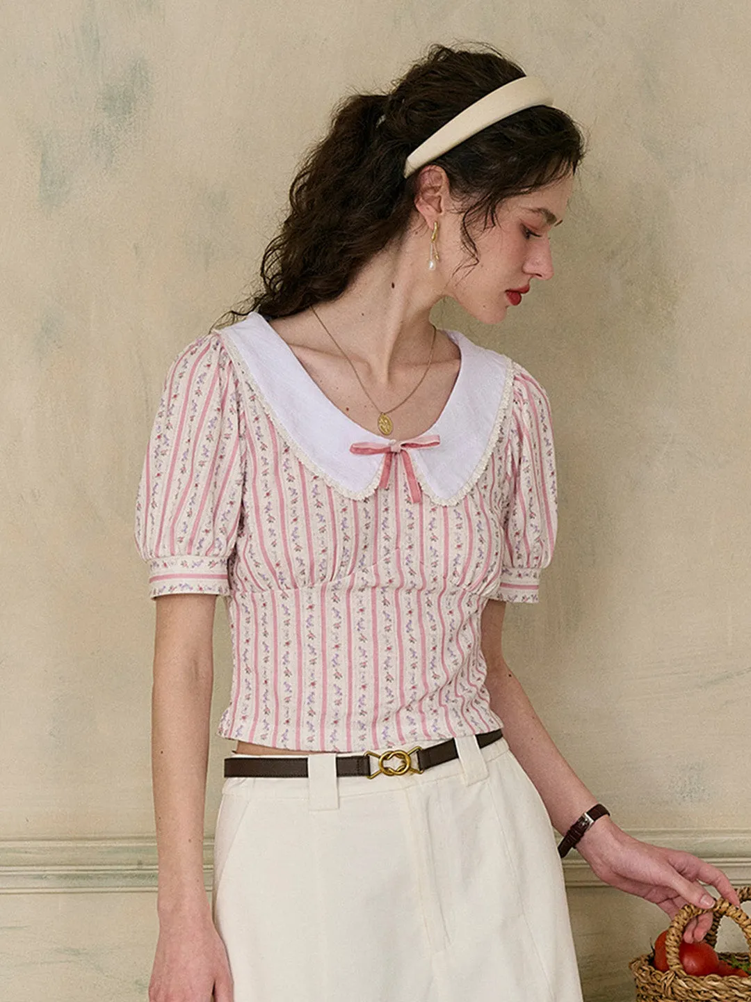 【Final Sale】Madalyn Doll Collar Floral Bow Stripe Puff Sleeves Fit Top sold by Simple Retro product image thumbnail 2