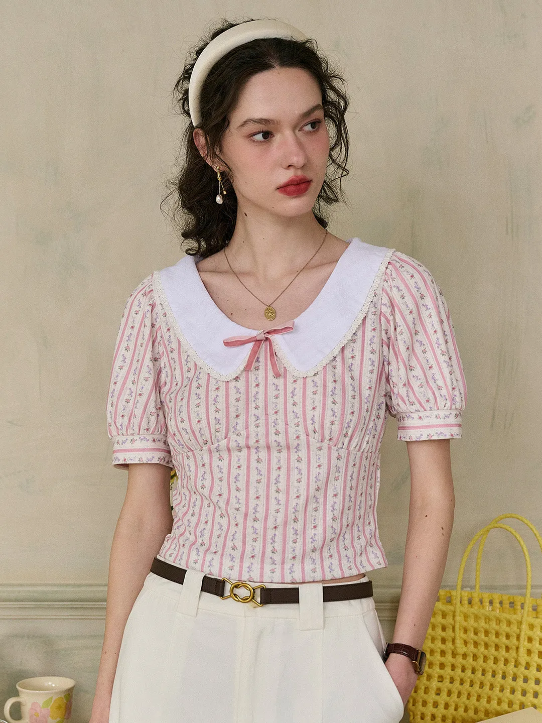 【Final Sale】Madalyn Doll Collar Floral Bow Stripe Puff Sleeves Fit Top sold by Simple Retro product image thumbnail 5