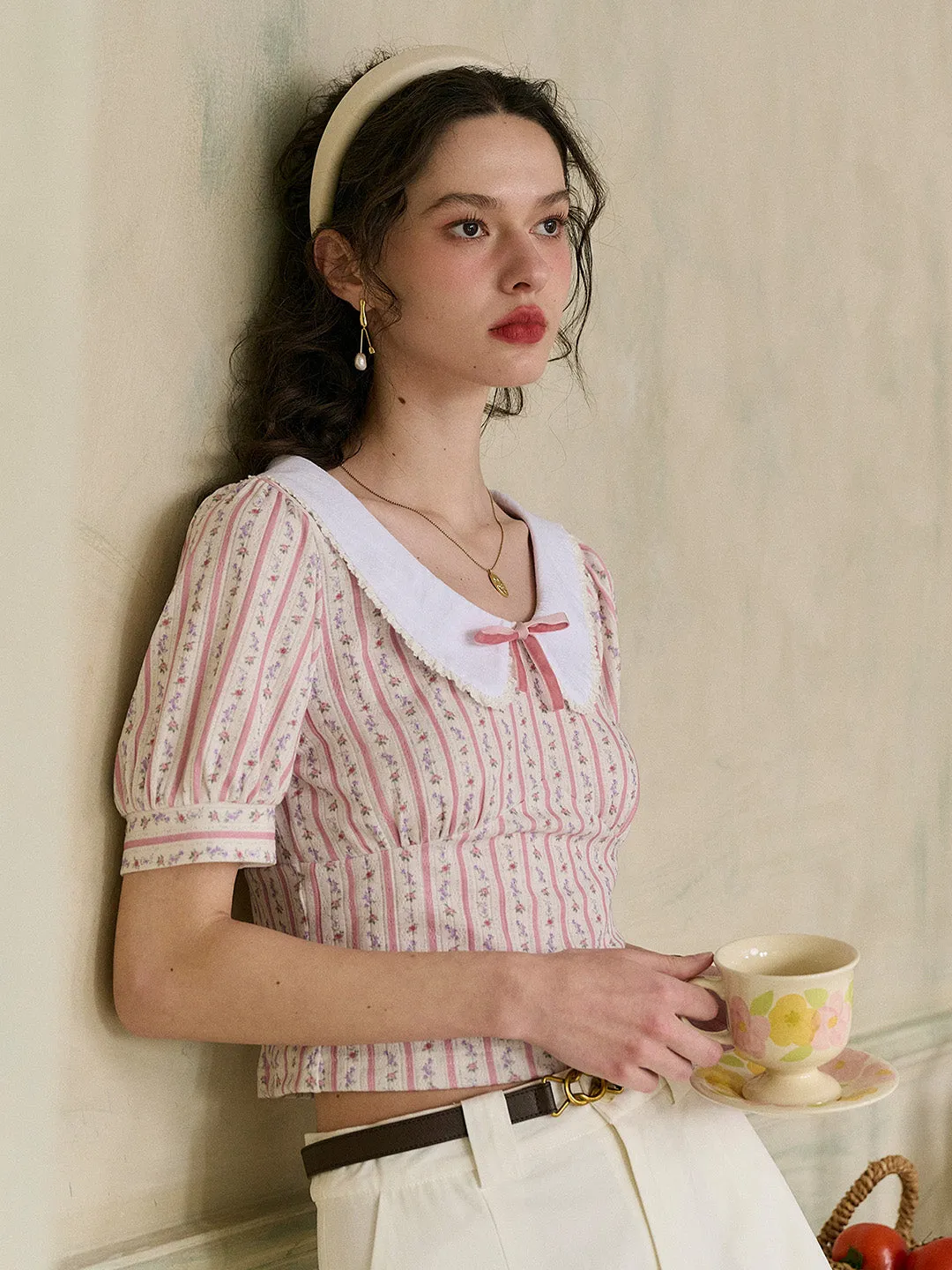 【Final Sale】Madalyn Doll Collar Floral Bow Stripe Puff Sleeves Fit Top sold by Simple Retro product image thumbnail 3