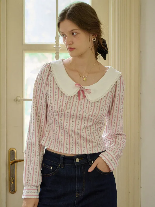 【Final Sale】Nori Cute Doll Collar Floral Bow Stripe Blouse sold by Simple Retro