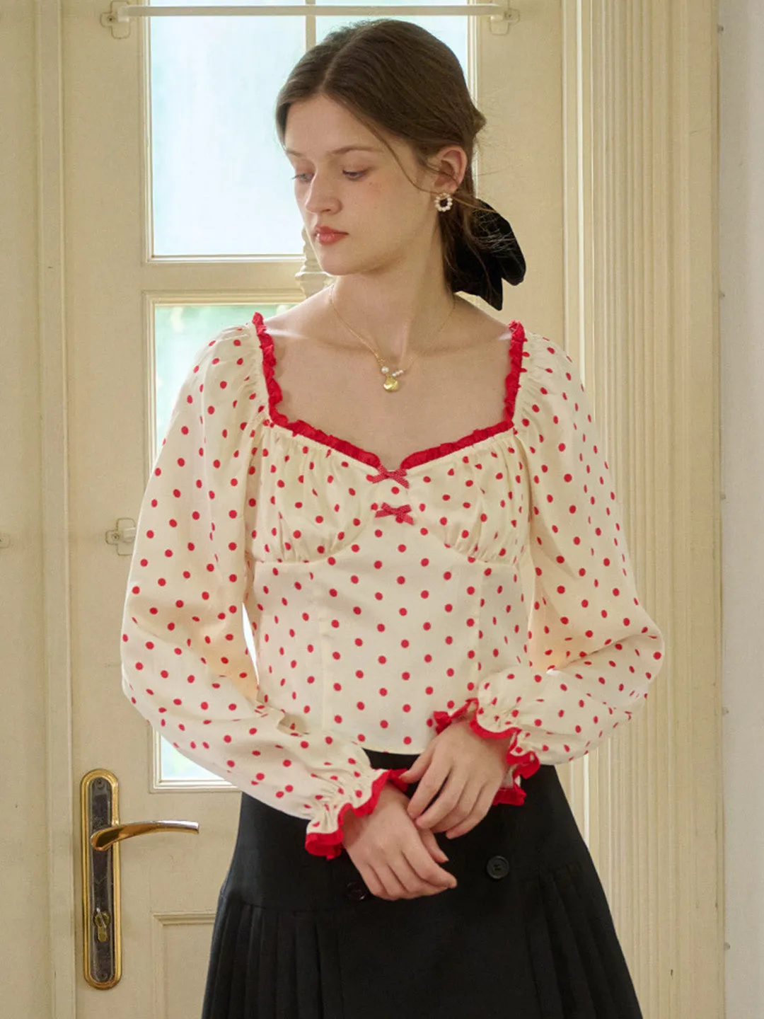 【Final Sale】Ashlynn Square Collar Contrasting Polka Dots Bow Blouse sold by Simple Retro