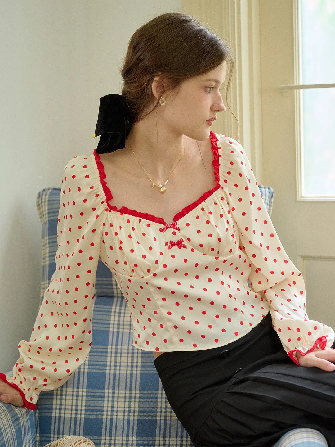 【Final Sale】Ashlynn Square Collar Contrasting Polka Dots Bow Blouse sold by Simple Retro product image thumbnail 3