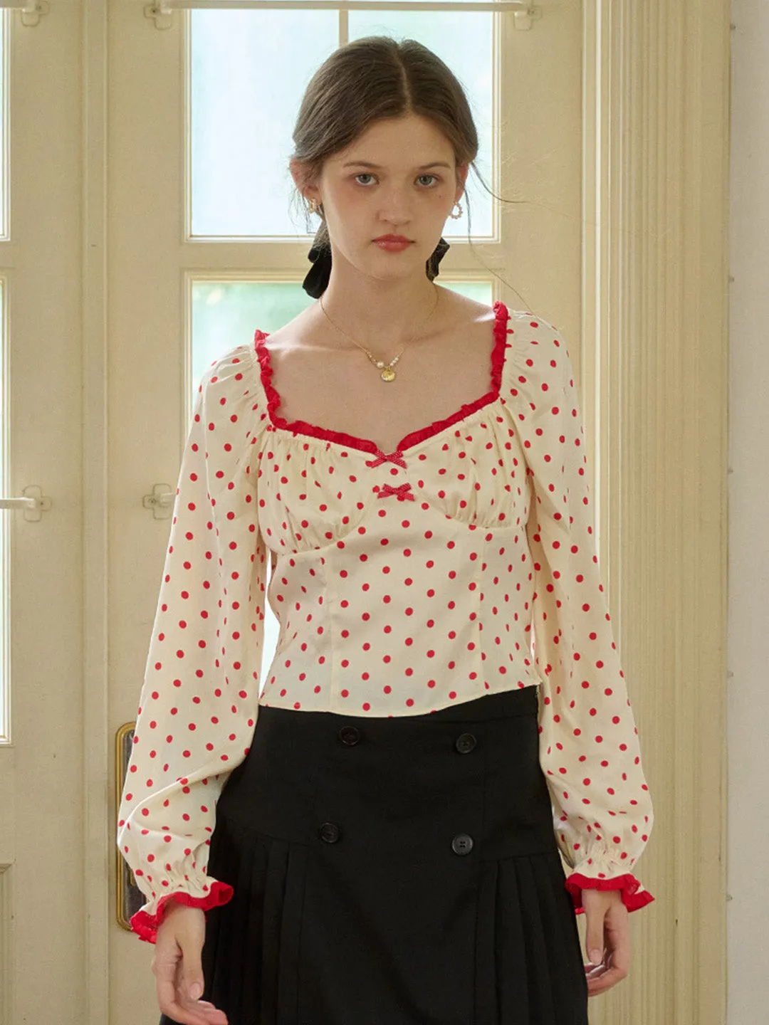 【Final Sale】Ashlynn Square Collar Contrasting Polka Dots Bow Blouse sold by Simple Retro product image thumbnail 4