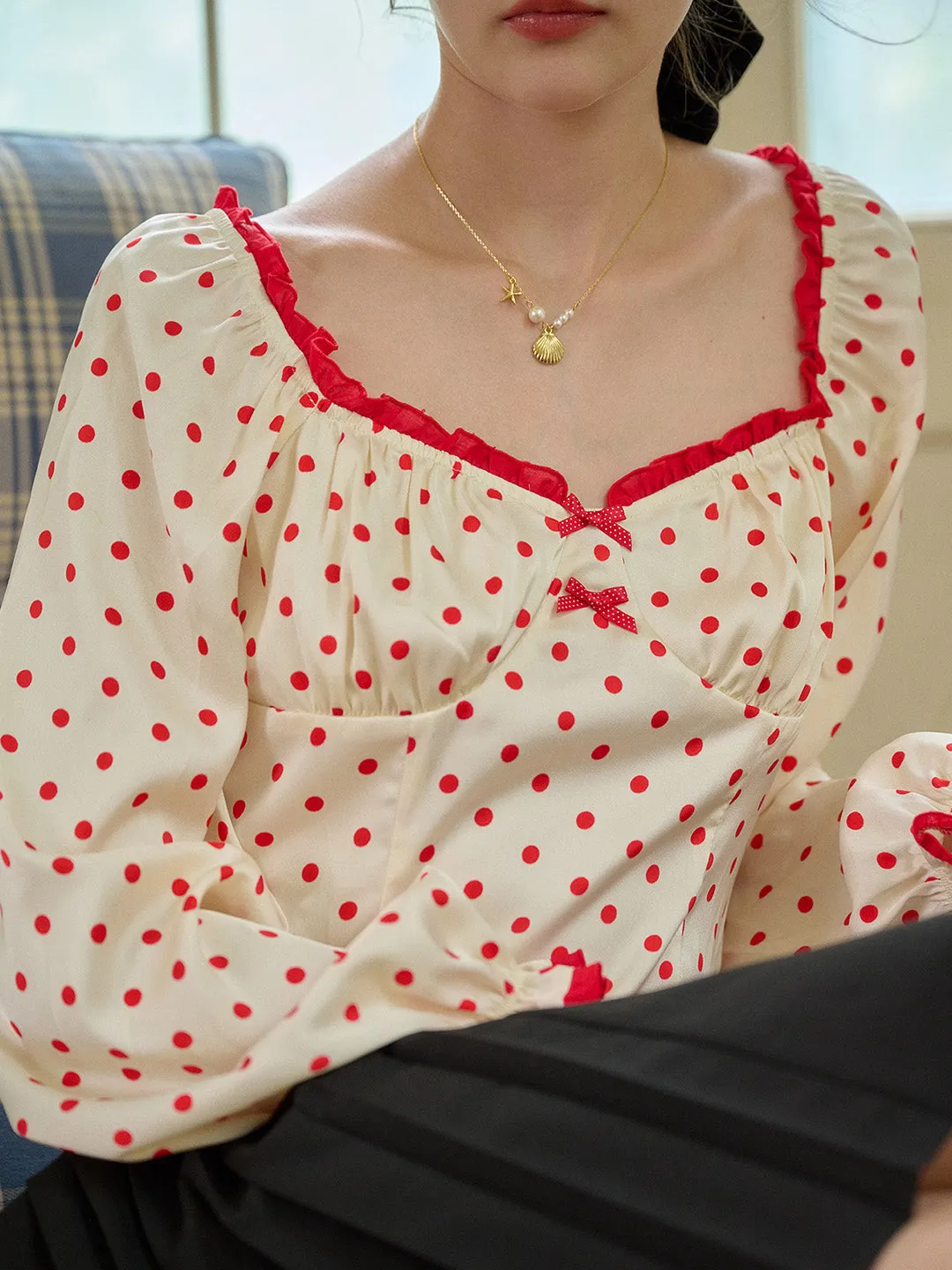 【Final Sale】Ashlynn Square Collar Contrasting Polka Dots Bow Blouse sold by Simple Retro product image thumbnail 2