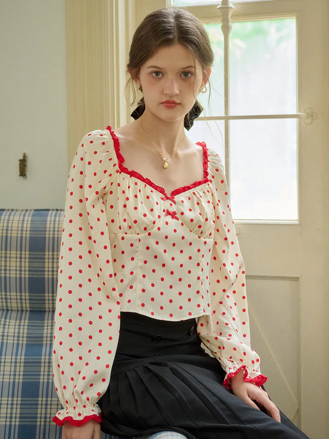 【Final Sale】Ashlynn Square Collar Contrasting Polka Dots Bow Blouse sold by Simple Retro product image thumbnail 5
