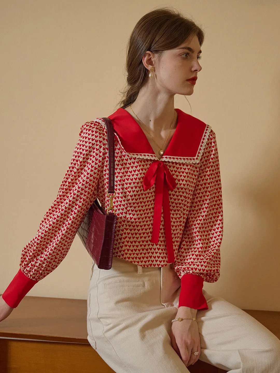 【Final Sale】Liberty Navy Collar Contrasting Bow Heartcore Blouse sold by Simple Retro product image thumbnail 2