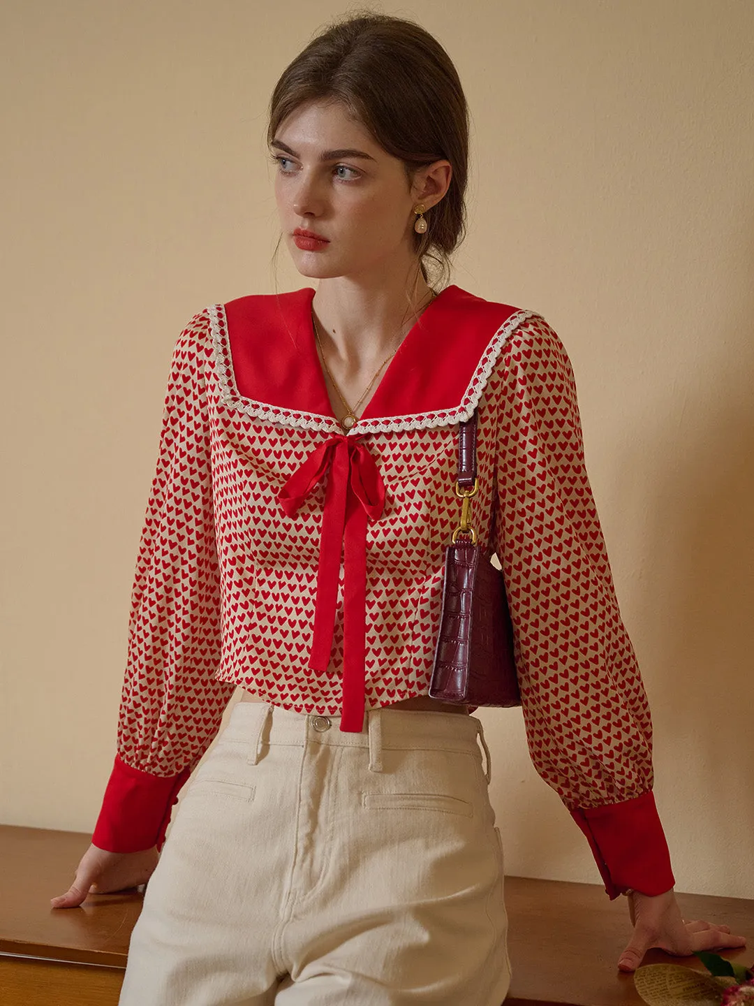 【Final Sale】Liberty Navy Collar Contrasting Bow Heartcore Blouse sold by Simple Retro product image thumbnail 4