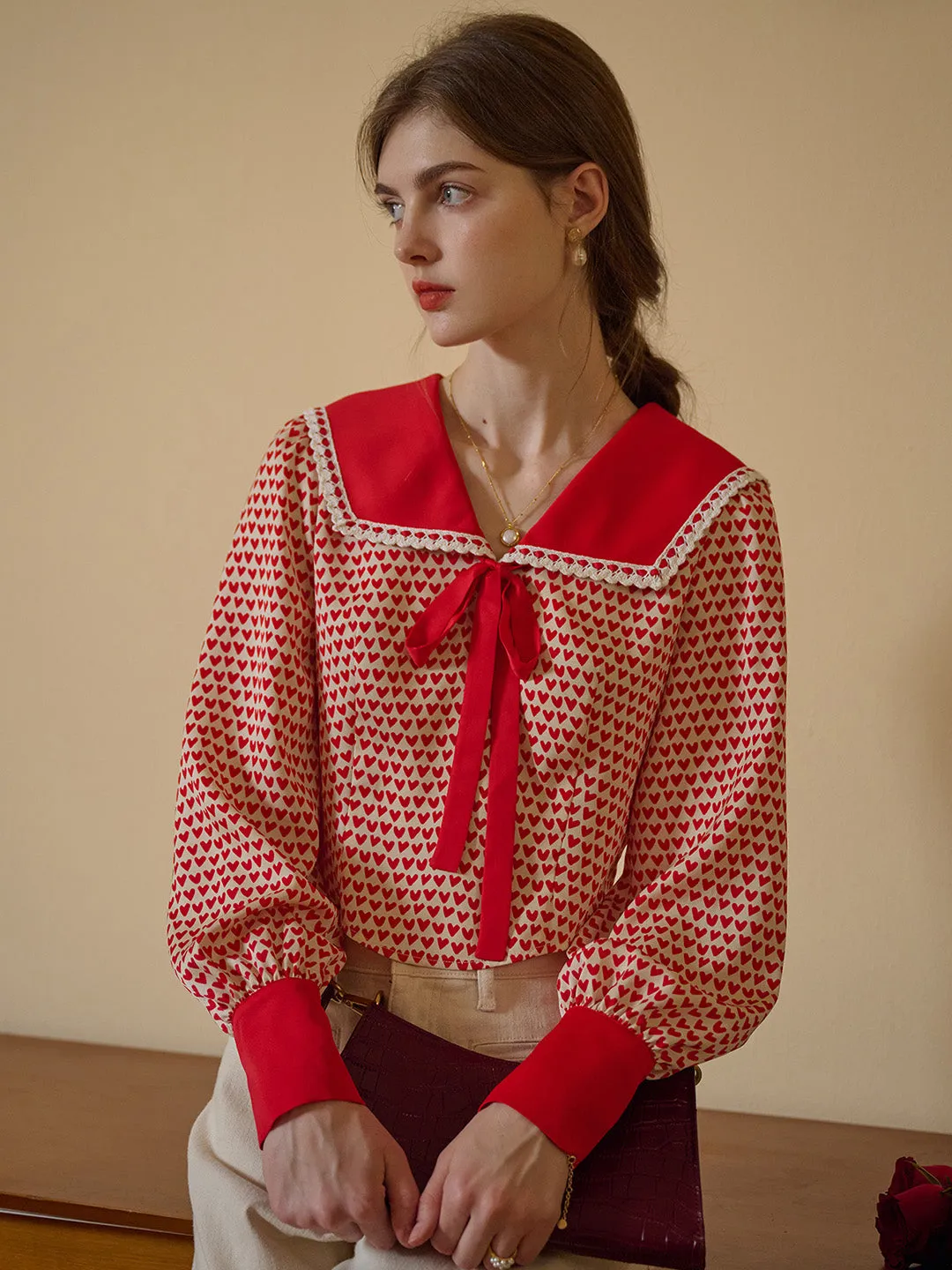 【Final Sale】Liberty Navy Collar Contrasting Bow Heartcore Blouse sold by Simple Retro product image thumbnail 3