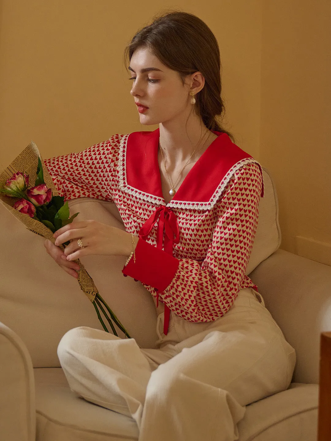 【Final Sale】Liberty Navy Collar Contrasting Bow Heartcore Blouse sold by Simple Retro product image thumbnail 5