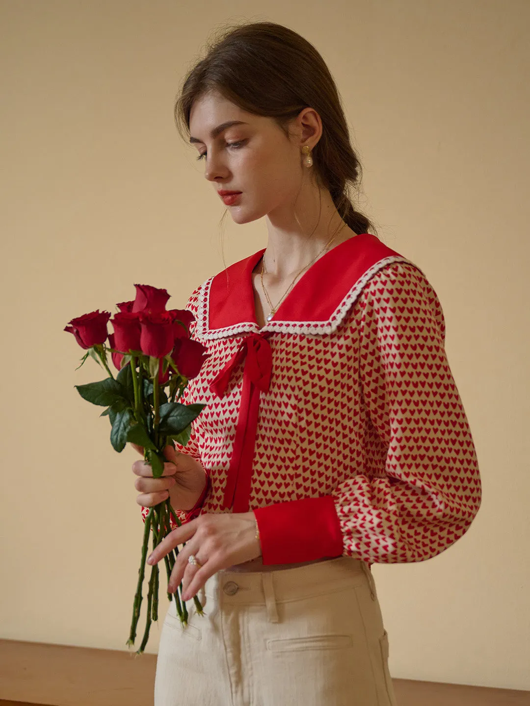 【Final Sale】Liberty Navy Collar Contrasting Bow Heartcore Blouse sold by Simple Retro