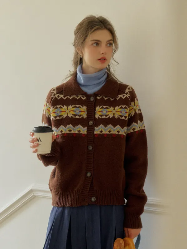 Anika Fair Isle Bunny Contrast Jacquard Turtleneck Cardigan - Brown sold by Simple Retro