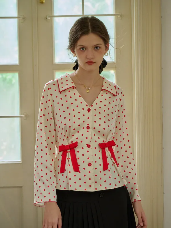 【Final Sale】Emiliana V-Neck Polka Dots Bow Contrasting Blouse sold by Simple Retro