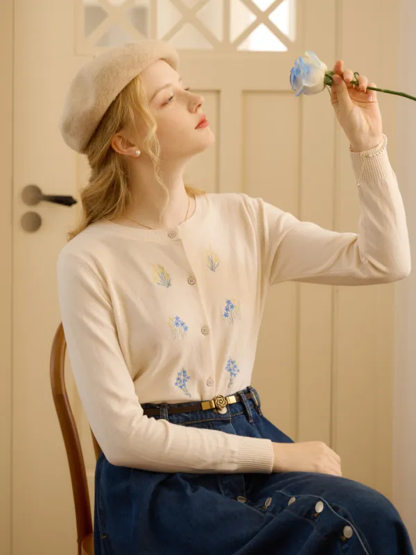 【Final Sale】Sarahi Simple Round Neck Embroidery Cardigan sold by Simple Retro