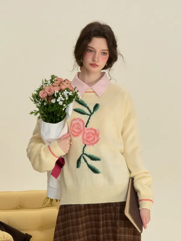 【Black Friday】Ayra Round Neck Flower Pattern Elegant Long Sleeve Pullover Jumper sold by Simple Retro