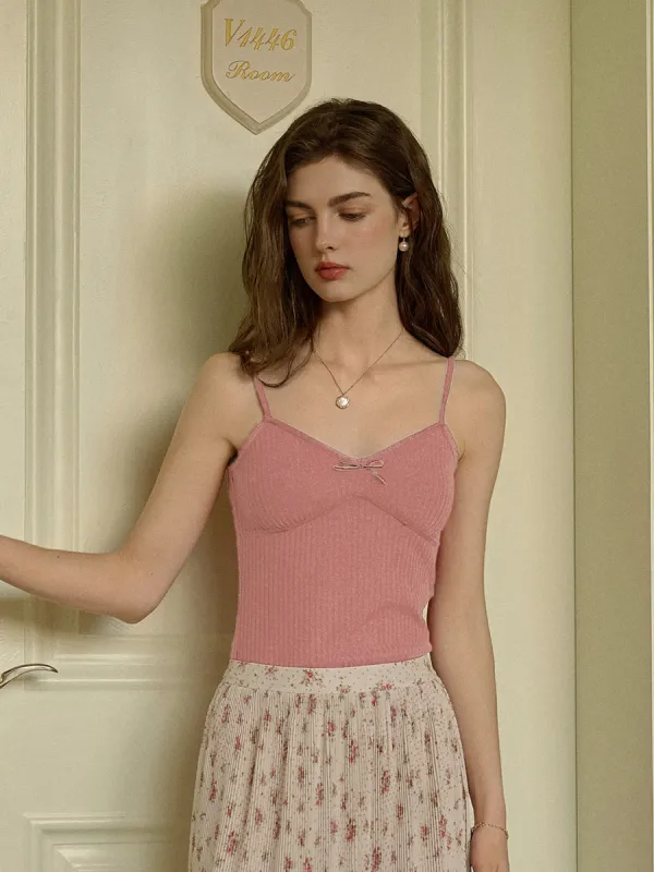 【Final Sale】Greta Sweet V-Neck Lace-up Pink Suspender Top sold by Simple Retro
