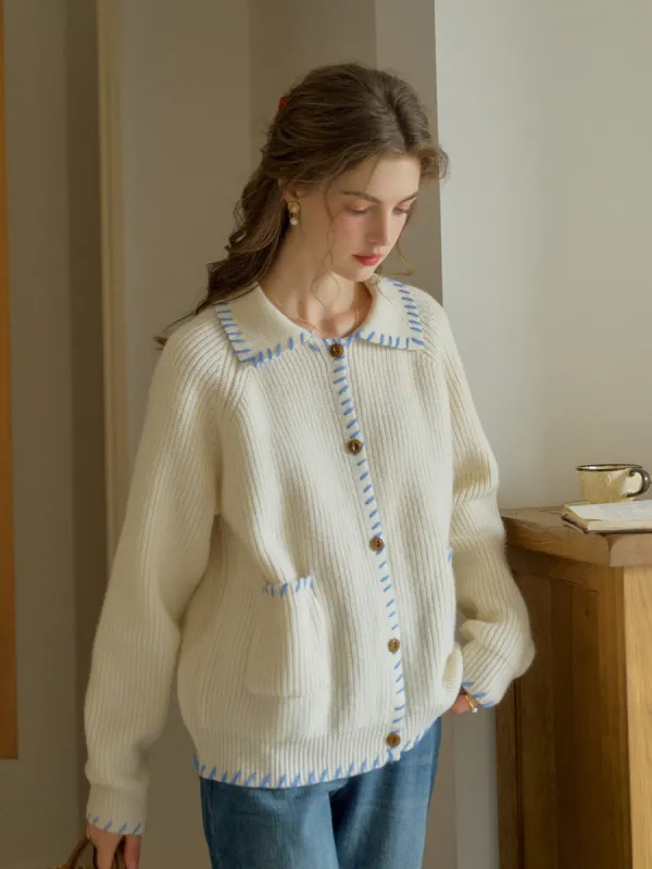 Kahlani Peter Pan Collar Contrasting Embroidered Pocket 100% Wool Cardigan - White sold by Simple Retro