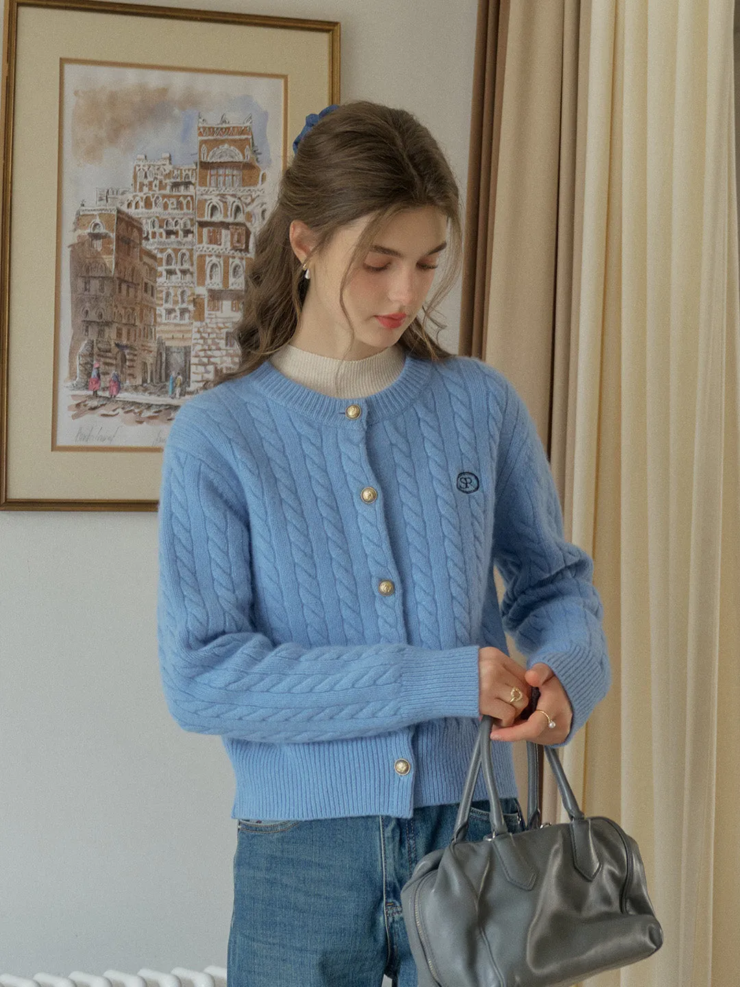 Carla SR Design Logo Round Neck Embroidered Knit 100% Wool Cardigan sold by Simple Retro product image thumbnail 5