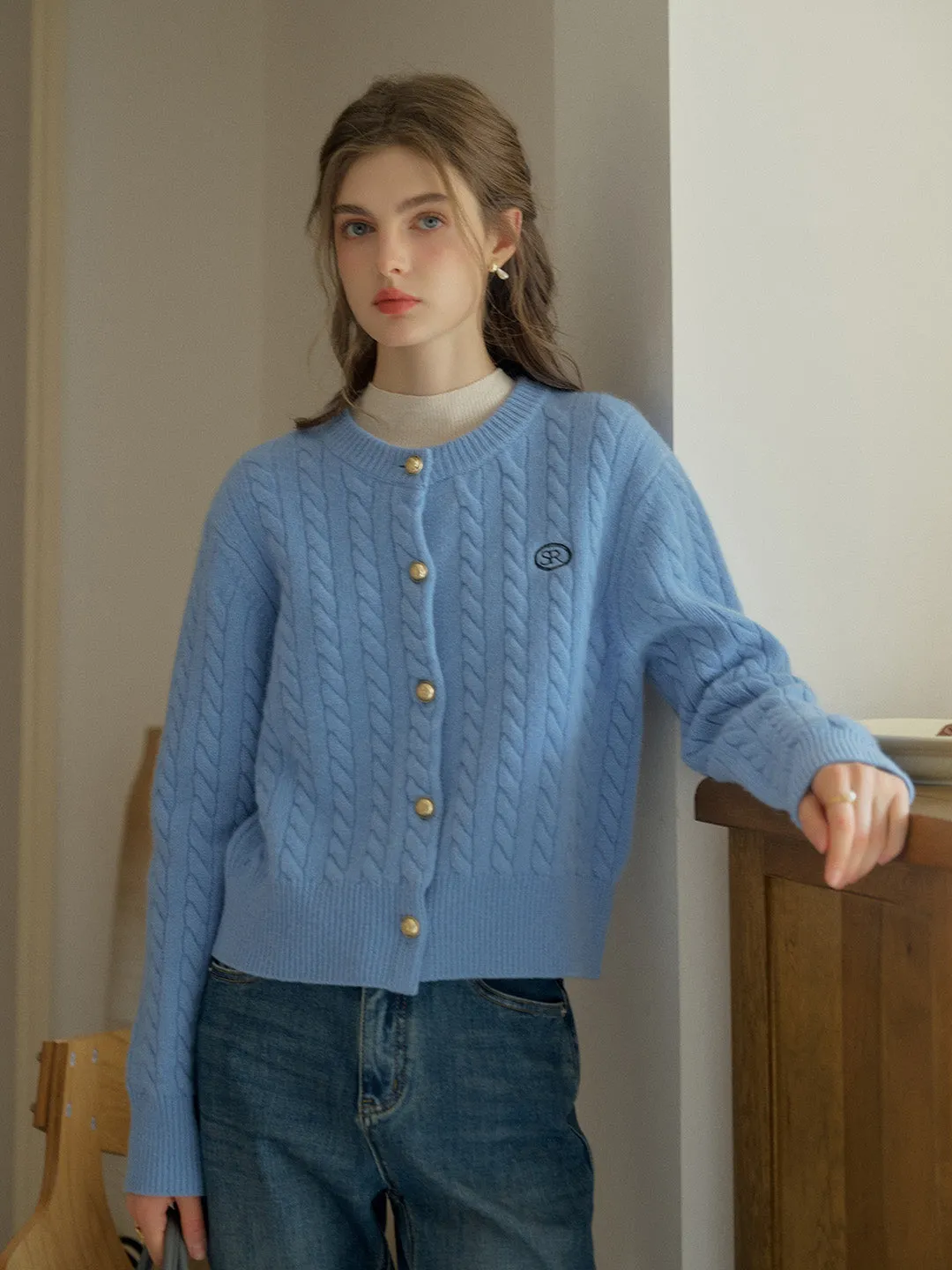 Carla SR Design Logo Round Neck Embroidered Knit 100% Wool Cardigan sold by Simple Retro product image thumbnail 4