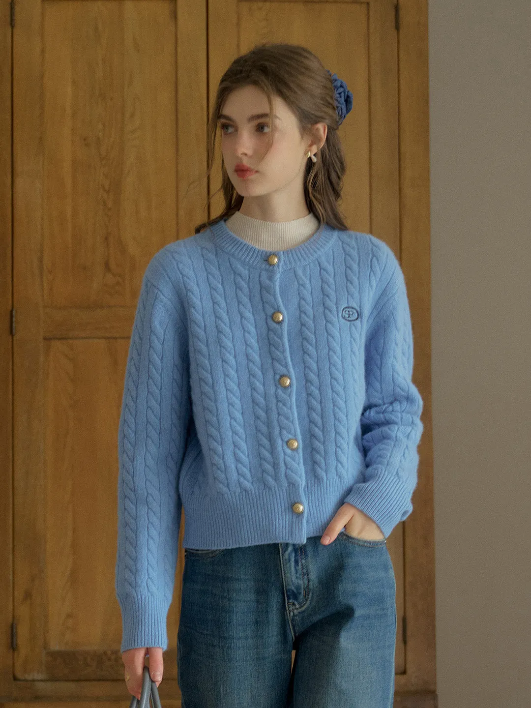 Carla SR Design Logo Round Neck Embroidered Knit 100% Wool Cardigan sold by Simple Retro