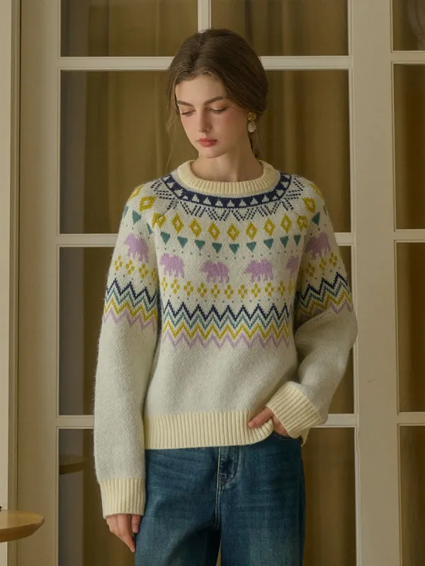 Saoirse Winter Fair Isle  Ribbed Round Neck Embroidered Pattern Sweater sold by Simple Retro