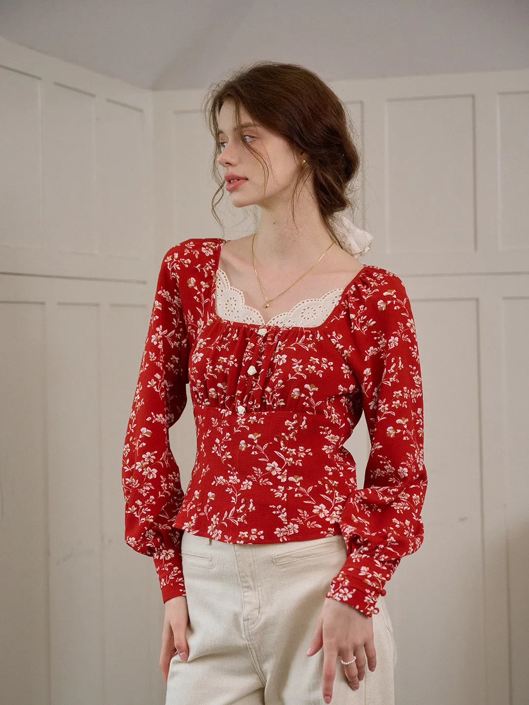 【Final Sale】Kairi Square Collar Lace Floral Blouse sold by Simple Retro