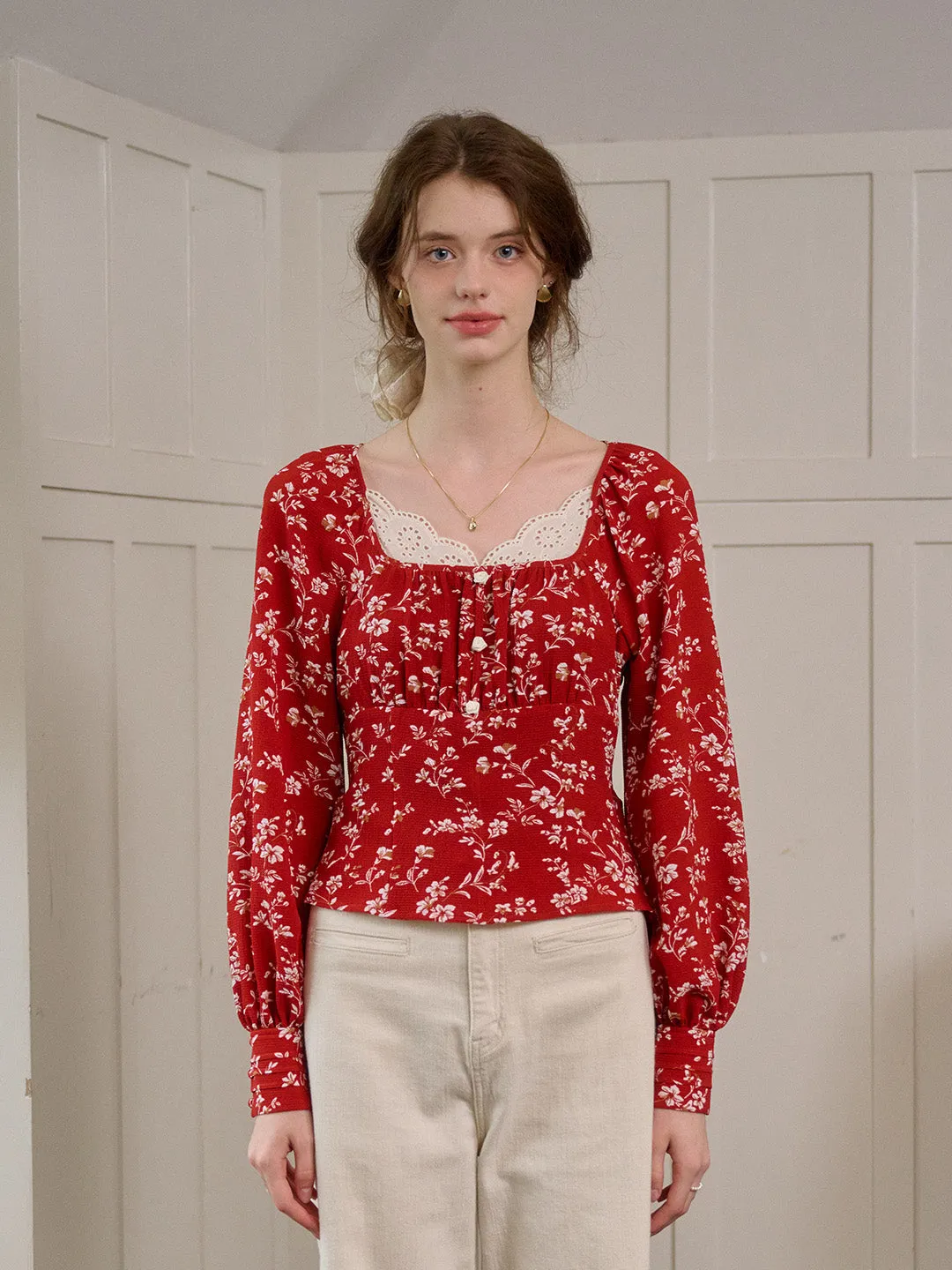 【Final Sale】Kairi Square Collar Lace Floral Blouse sold by Simple Retro product image thumbnail 4