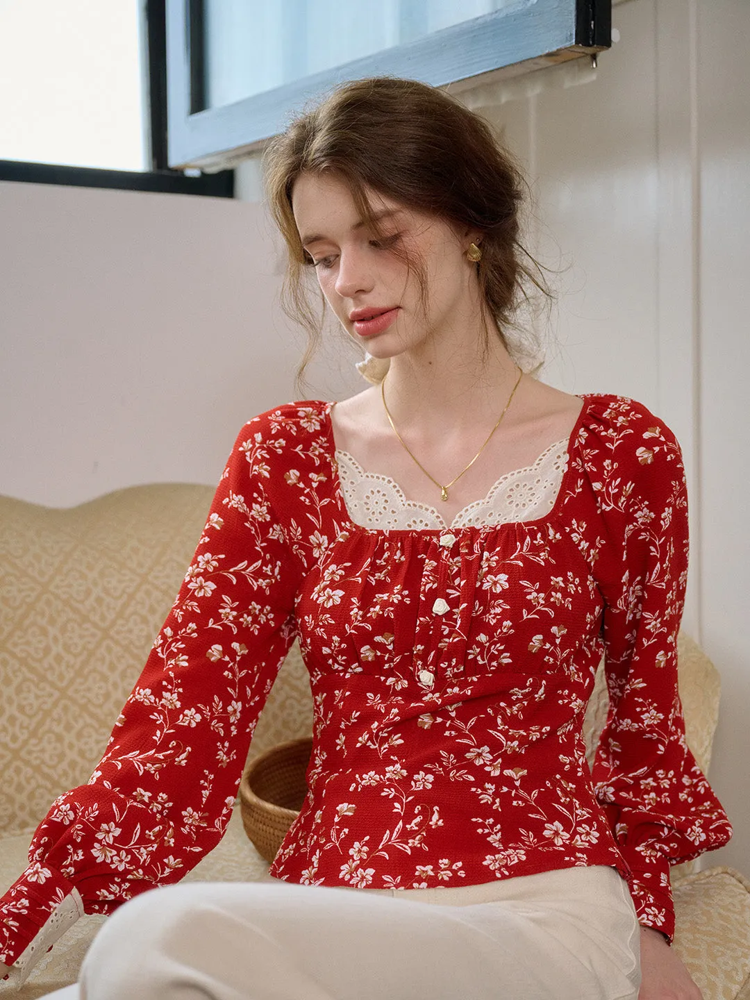 【Final Sale】Kairi Square Collar Lace Floral Blouse sold by Simple Retro product image thumbnail 5