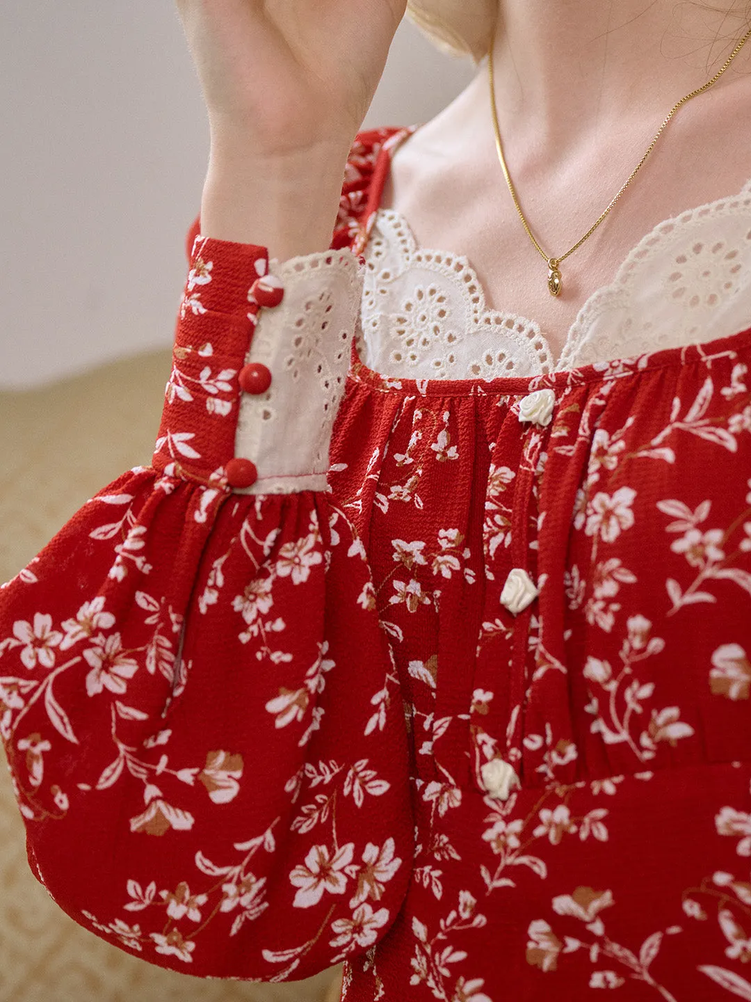 【Final Sale】Kairi Square Collar Lace Floral Blouse sold by Simple Retro product image thumbnail 3