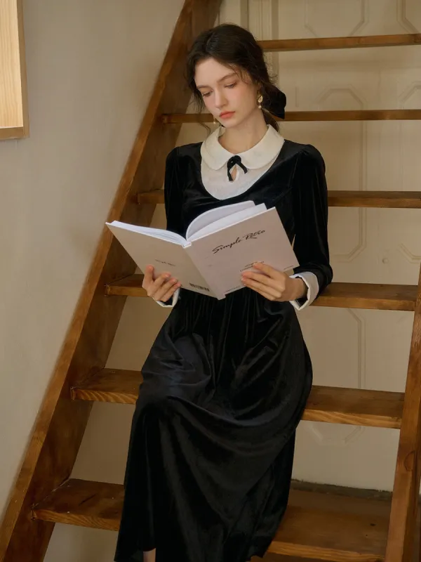 【Final Sale】Esperanza Doll Neck Collision Bow Velvet Long Dresses sold by Simple Retro