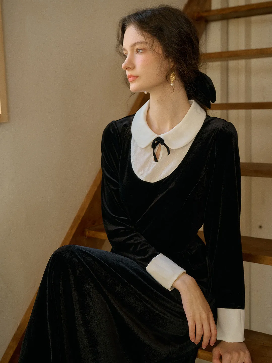【Final Sale】Esperanza Doll Neck Collision Bow Velvet Long Dresses sold by Simple Retro product image thumbnail 5
