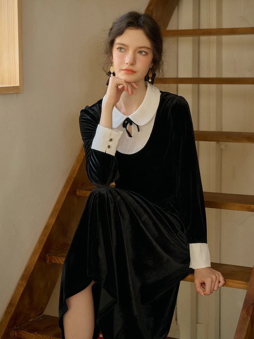 【Final Sale】Esperanza Doll Neck Collision Bow Velvet Long Dresses sold by Simple Retro product image thumbnail 3
