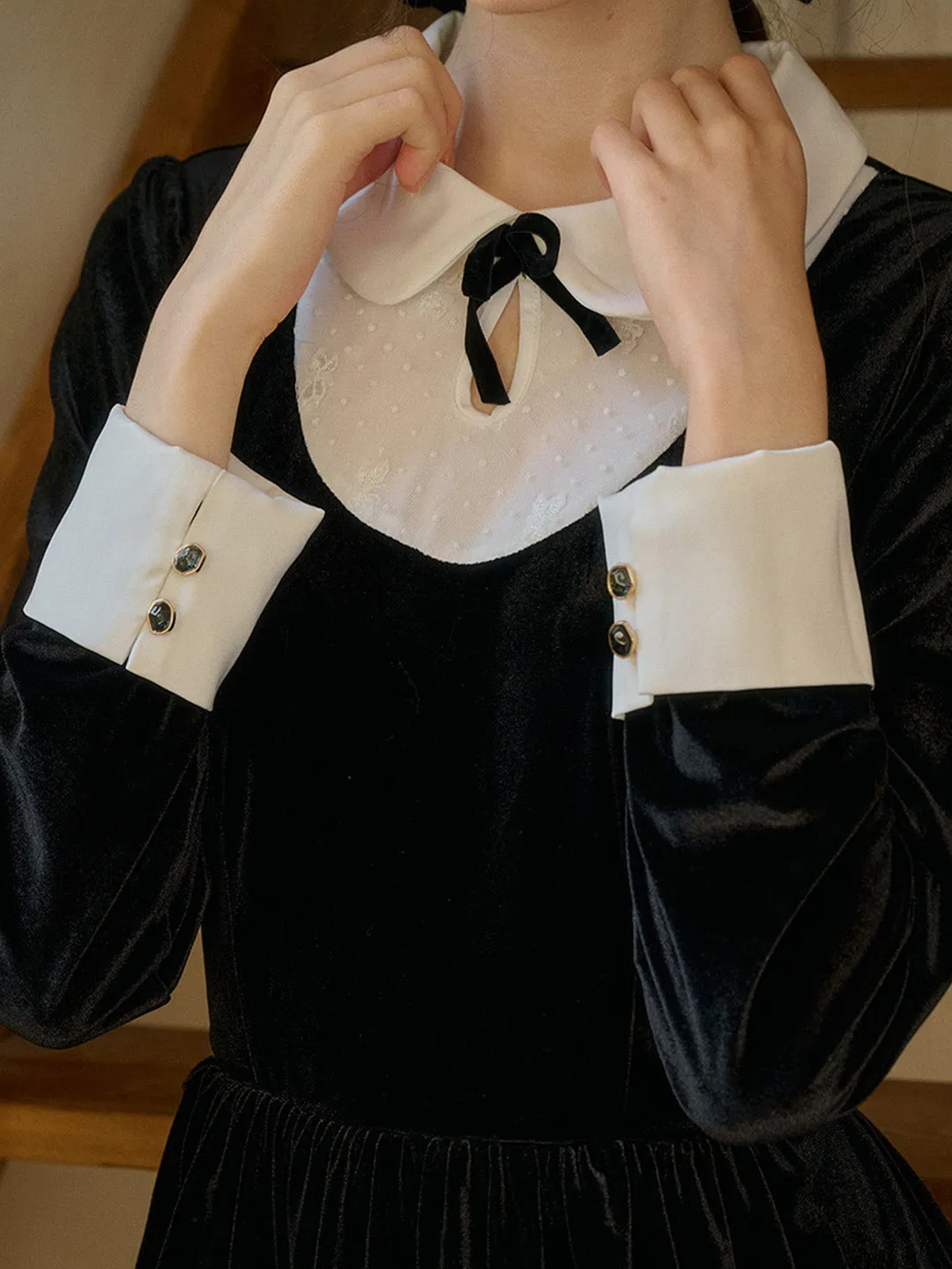 【Final Sale】Esperanza Doll Neck Collision Bow Velvet Long Dresses sold by Simple Retro product image thumbnail 2