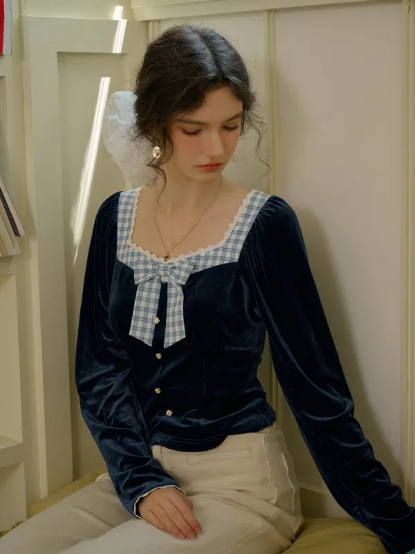 【Final Sale】Alaiya Square Collar Colour-Crossing Plaid Bow Velvet Shirt sold by Simple Retro