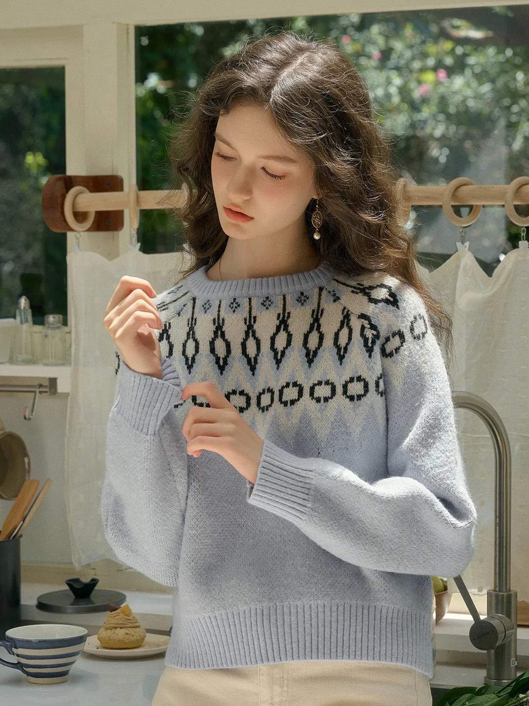 【Final Sale】Natasha Round Neck Embroidery Colour Clash Pullover Sweater sold by Simple Retro