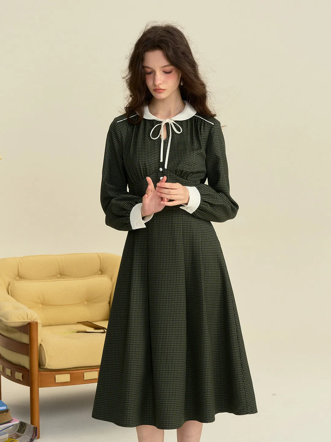 【Final Sale】Leanna Round Neck Plaid Tie Bow Collision Green Dress sold by Simple Retro