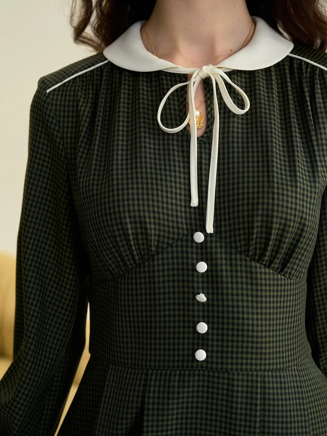 【Final Sale】Leanna Round Neck Plaid Tie Bow Collision Green Dress sold by Simple Retro product image thumbnail 2