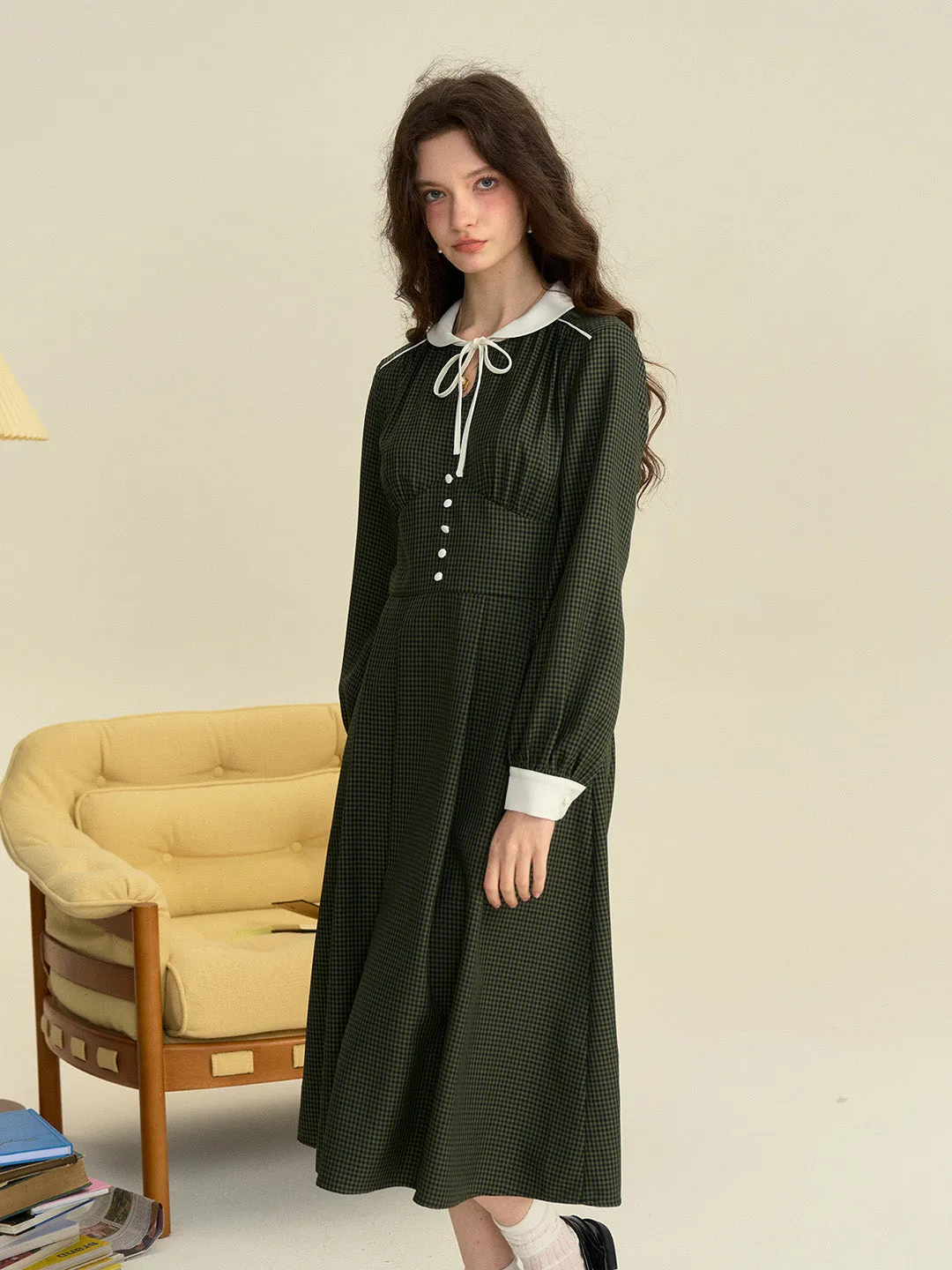 【Final Sale】Leanna Round Neck Plaid Tie Bow Collision Green Dress sold by Simple Retro product image thumbnail 4