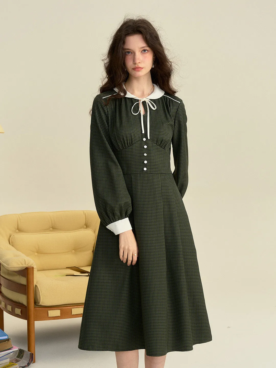 【Final Sale】Leanna Round Neck Plaid Tie Bow Collision Green Dress sold by Simple Retro product image thumbnail 3