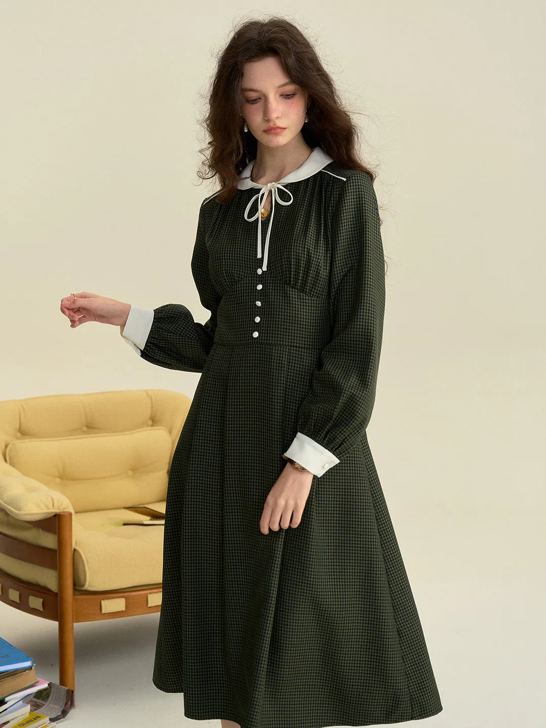 【Final Sale】Leanna Round Neck Plaid Tie Bow Collision Green Dress sold by Simple Retro product image thumbnail 5
