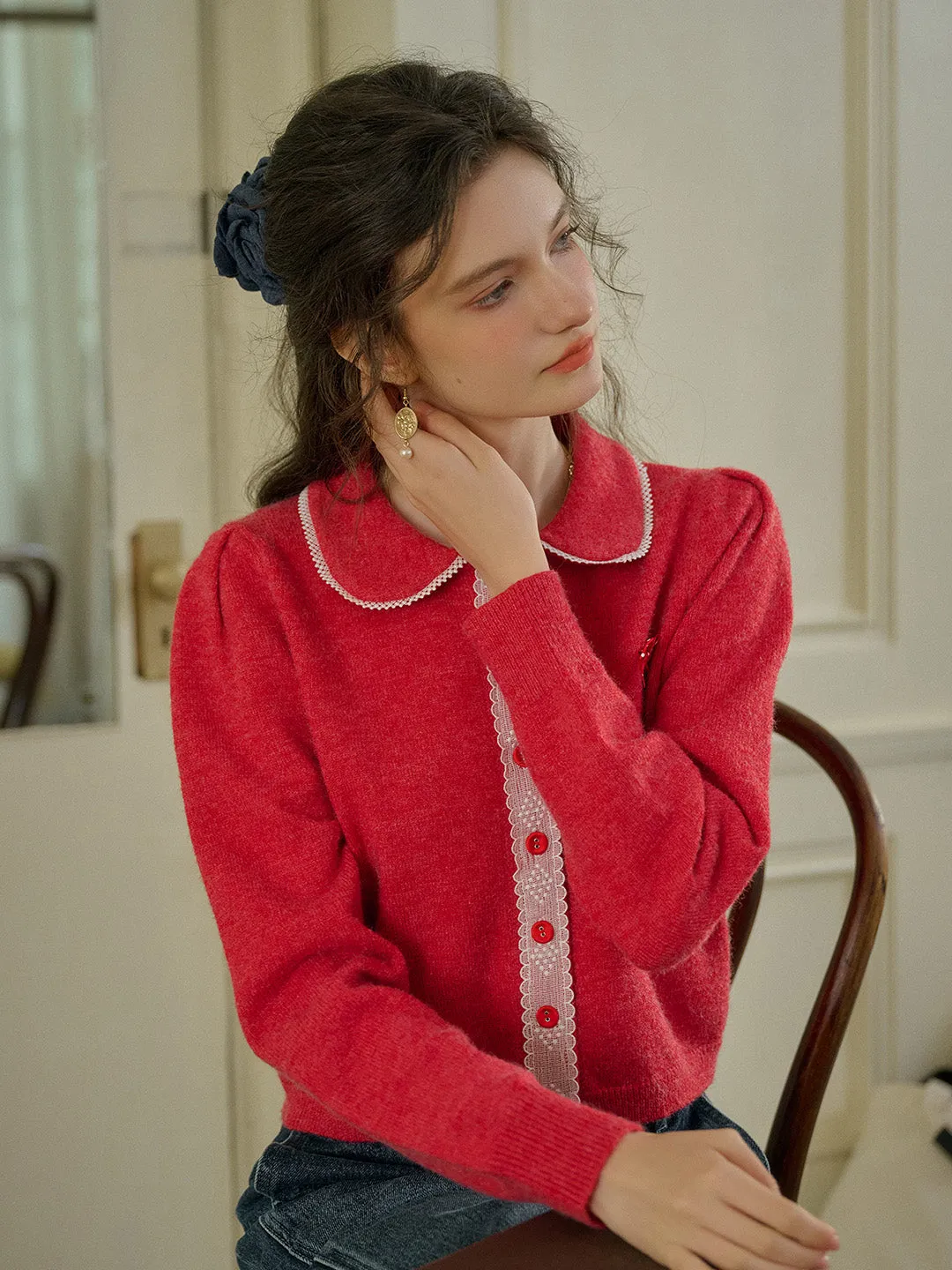 【Final Sale】Laylah Doll Neck Collision Lace Sweater Cardigan sold by Simple Retro product image thumbnail 5