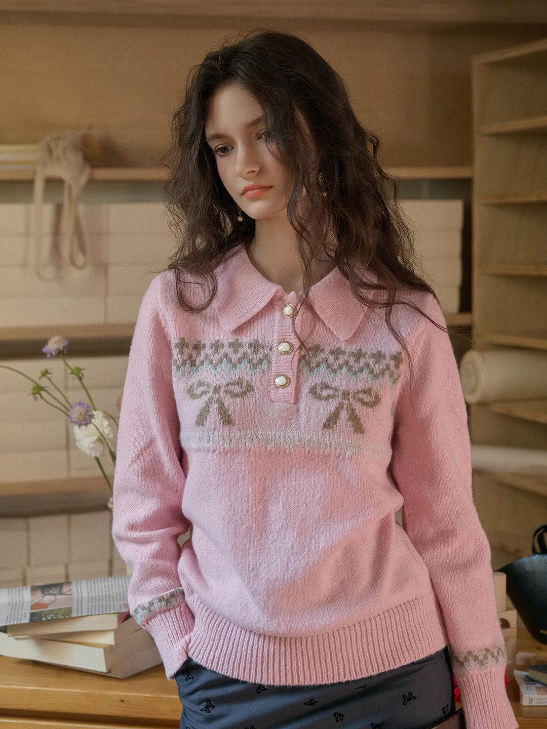 【Final Sale】Paloma Polo Collar Printed Colour-Crossing Bowknot Pullover Sweater sold by Simple Retro