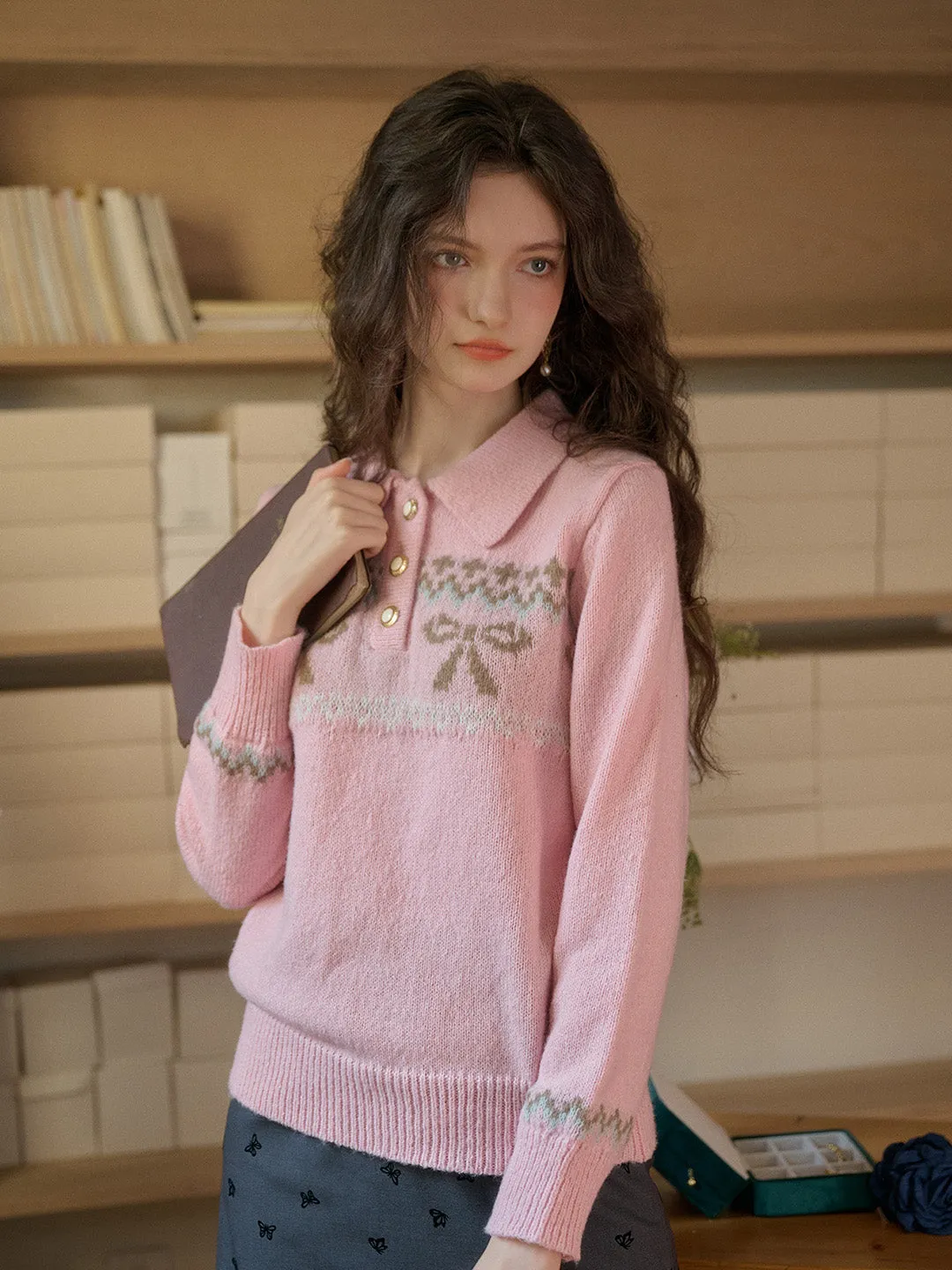 【Final Sale】Paloma Polo Collar Printed Colour-Crossing Bowknot Pullover Sweater sold by Simple Retro product image thumbnail 3