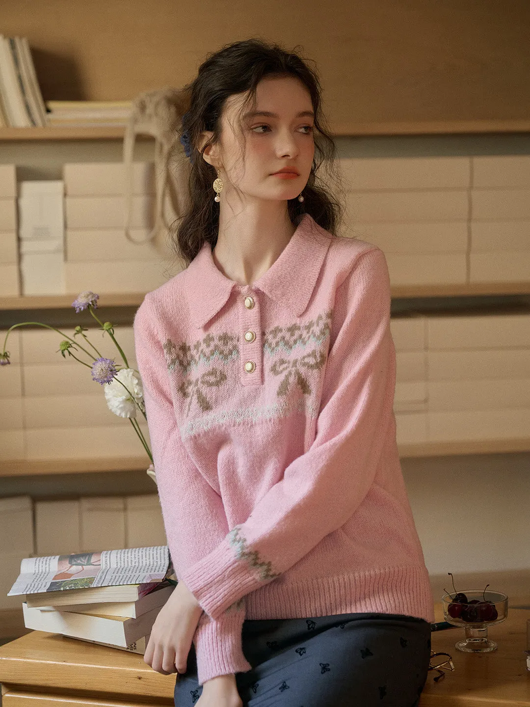 【Final Sale】Paloma Polo Collar Printed Colour-Crossing Bowknot Pullover Sweater sold by Simple Retro product image thumbnail 5