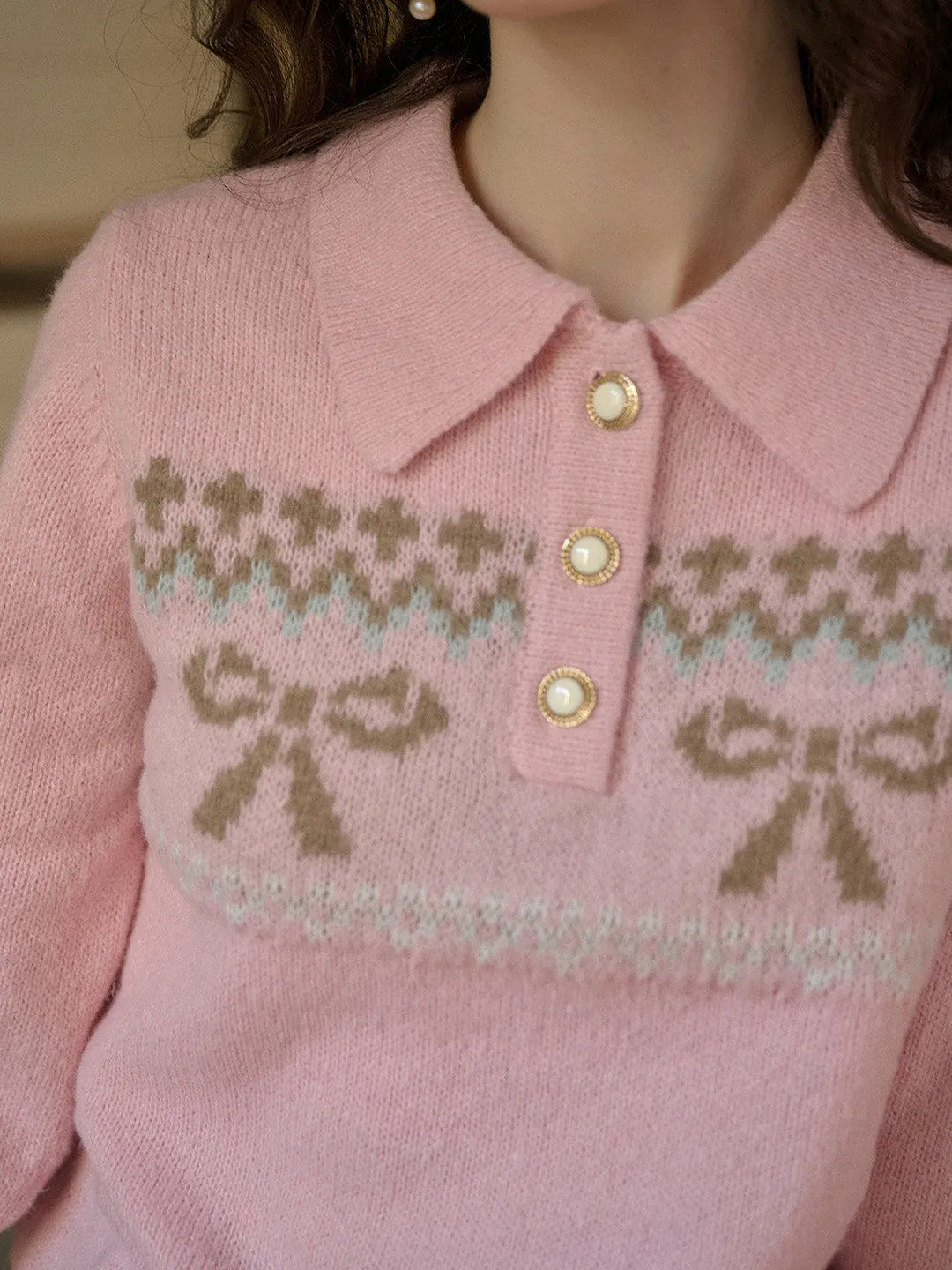 【Final Sale】Paloma Polo Collar Printed Colour-Crossing Bowknot Pullover Sweater sold by Simple Retro product image thumbnail 2