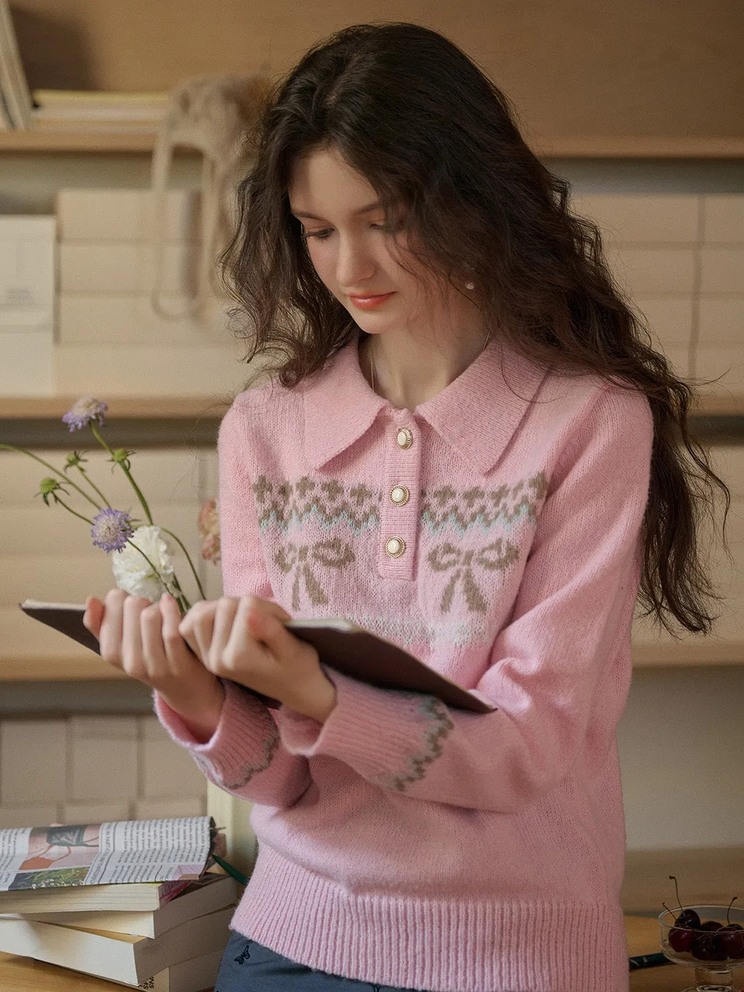 【Final Sale】Paloma Polo Collar Printed Colour-Crossing Bowknot Pullover Sweater sold by Simple Retro product image thumbnail 4
